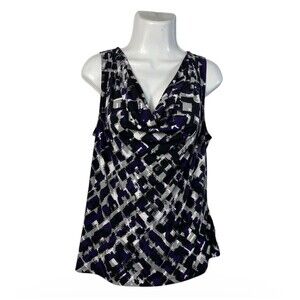 Calvin Klein Cowl Neck Top XL Purple Black Print Sleeveless Shell Drape Blouse